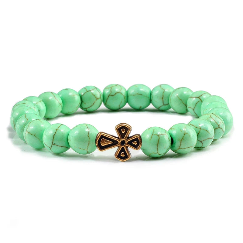 New Natural Stone Lava Beaded Bracelet for Men Women Alloy Christian Jesus Cross Bracelets Bangles Yoga Prayer Fashion Jewelry  (GoldenCity)