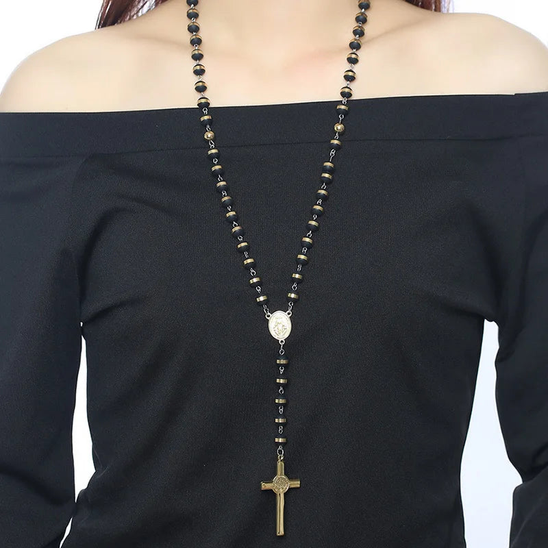 Black Gold Color Beads Long Rosary Necklace for Women Men Stainless Steel St Benedict Cross Pendant Sweater Chain Unisex  (GoldenCity)