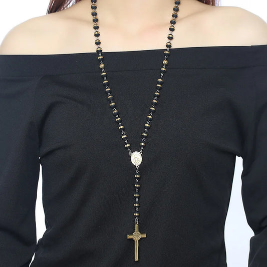 Black Gold Color Beads Long Rosary Necklace for Women Men Stainless Steel St Benedict Cross Pendant Sweater Chain Unisex  (GoldenCity)