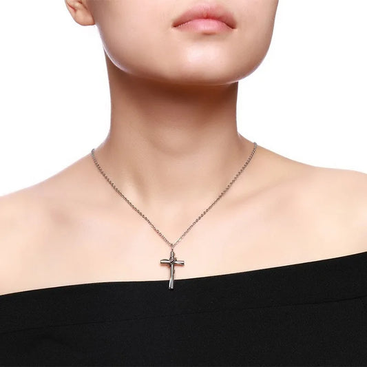 Stainless Steel Color Women's Men's Fashion "Lingering Love Cross"Couple Pendant Necklace  (GoldenCity)