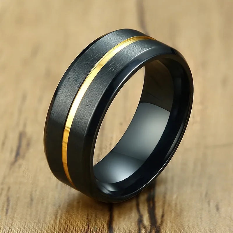Mens Basic 8MM Wedding Bands Rings Matte Finished Stainless Steel with Thin Line anel masculino Gifts for Him  (GoldenCity)