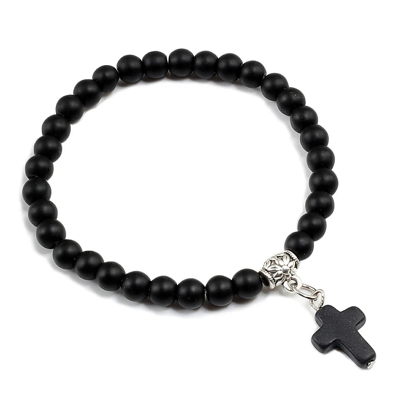 Prayer Bracelet 6MM Onyx Natural Stone Beads Religion Jesus Cross Pedant Bracelets Bangles for Men Women Yoga Friendship Jewelry  (GoldenCity)