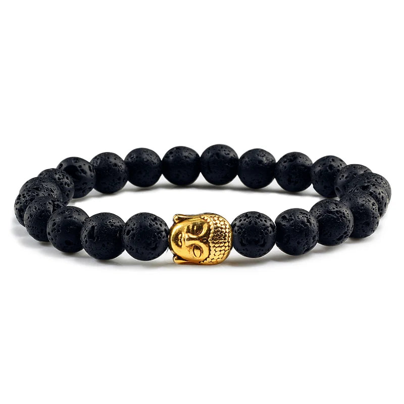 Healing  Buddha Head Prayer Volcanic Lava Natural Stone Strand Bead Bracelet For Men Black Beaded Yoga Women armband Jewelry  (GoldenCity)