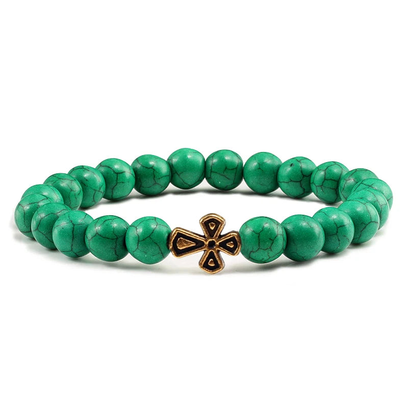 New Natural Stone Lava Beaded Bracelet for Men Women Alloy Christian Jesus Cross Bracelets Bangles Yoga Prayer Fashion Jewelry  (GoldenCity)