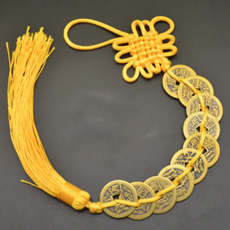 Red Yellow Chinese Knot Feng Shui Money Wealth Success Copper Ancien Coins Lucky Charm Home Decoration Ten emperors Antique Fortune  (GoldenCity)