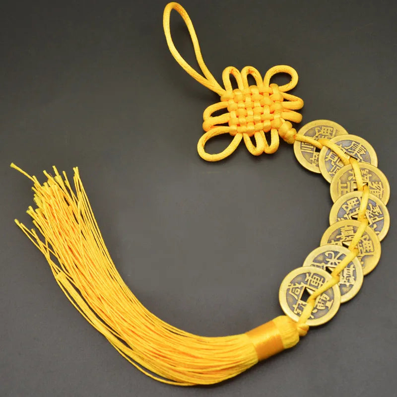 Red Yellow Chinese Knot Feng Shui Money Wealth Success Copper Ancien Coins Lucky Charm Home Decoration Ten emperors Antique Fortune  (GoldenCity)