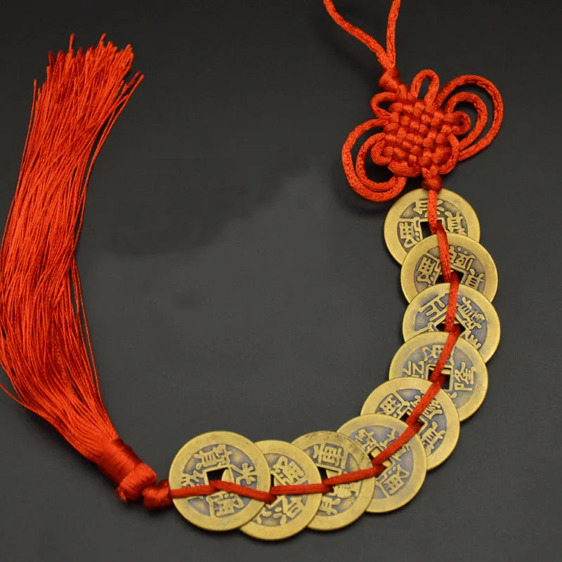Red Yellow Chinese Knot Feng Shui Money Wealth Success Copper Ancien Coins Lucky Charm Home Decoration Ten emperors Antique Fortune  (GoldenCity)