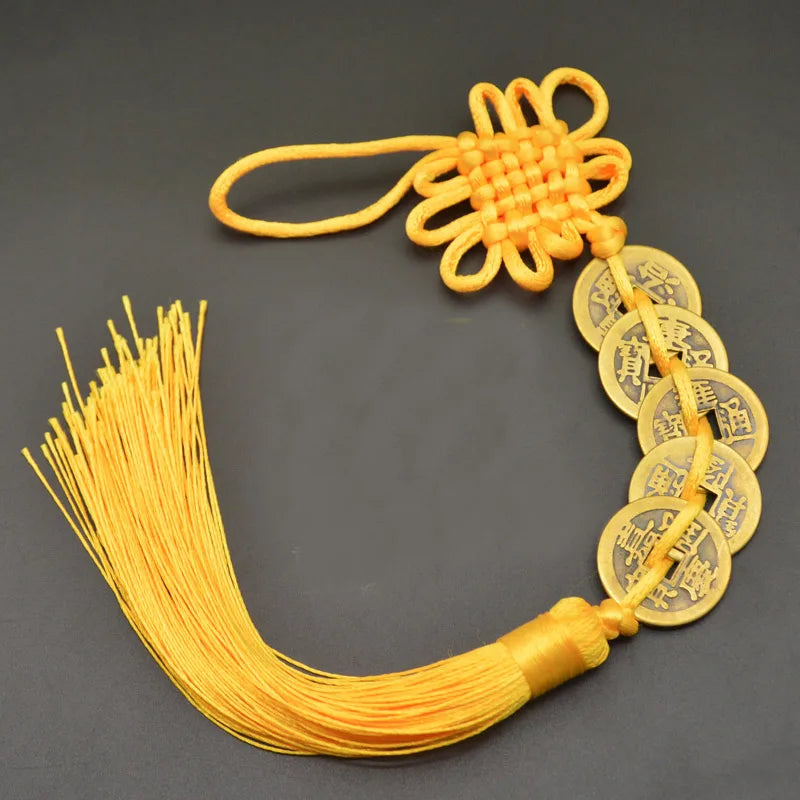 Red Yellow Chinese Knot Feng Shui Money Wealth Success Copper Ancien Coins Lucky Charm Home Decoration Ten emperors Antique Fortune  (GoldenCity)