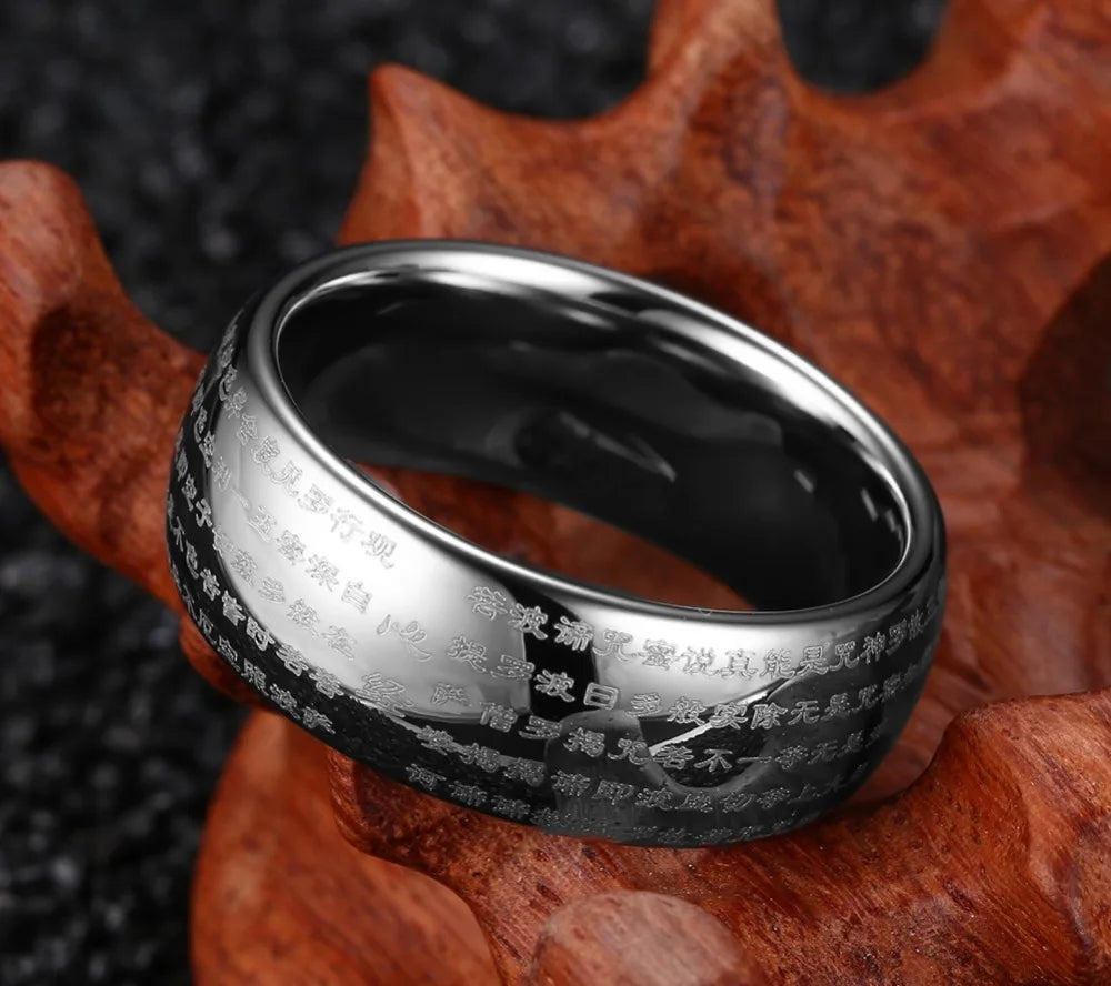 Engraved Chinese Buddhist Texts Tungsten Ring for Men Religions Lucky Jewelry Dropshipping  (GoldenCity)