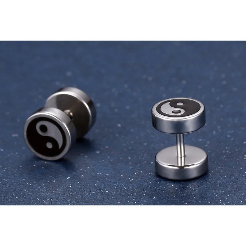 Chinese Yin and Yang Stud Earrings for Men Jewelry Stainless Steel Round Tai Chi brinco masculino  (GoldenCity)