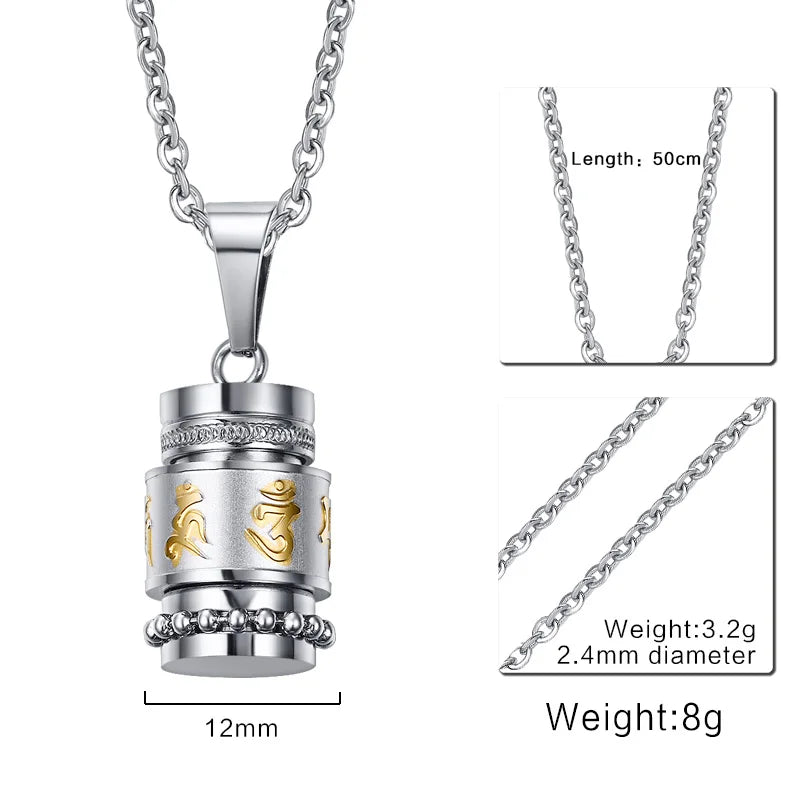 Cool Rotatable Mantra Necklaces & Pendants Stainless Steel Prayer Necklace Men Jewelry Free Chain 20"  (GoldenCity)