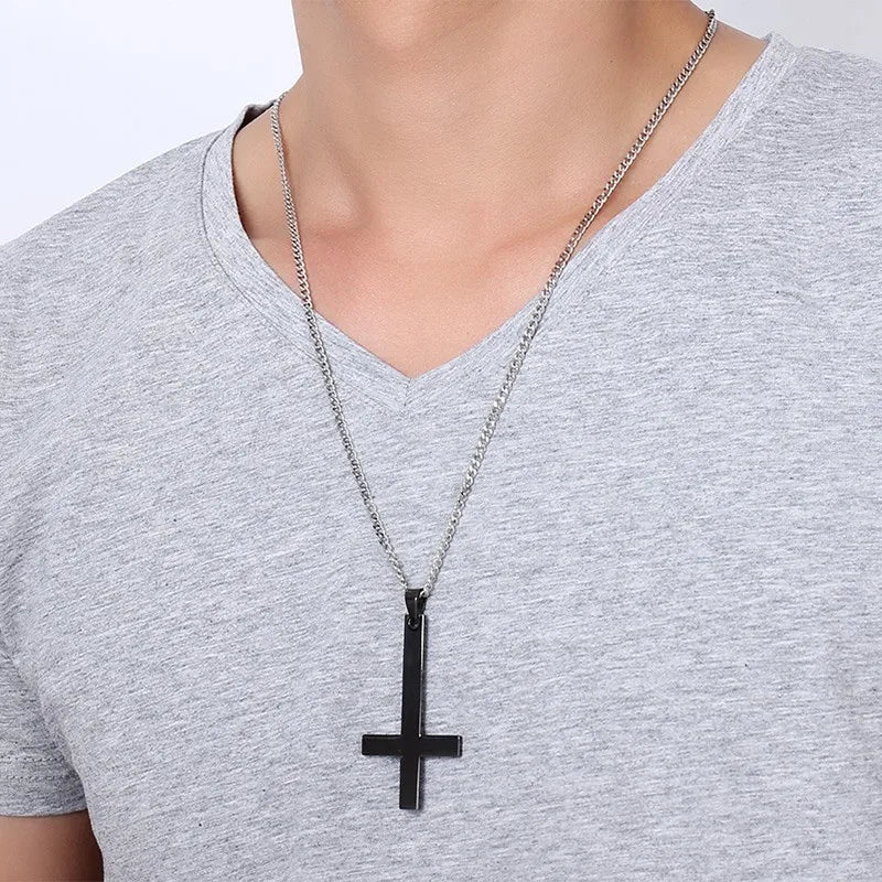 Male Black St Peter's Inverted Cross Pendant Necklace for Men Stainless Steel Choker Crux de Sanctus Petrus Jewelry  (GoldenCity)