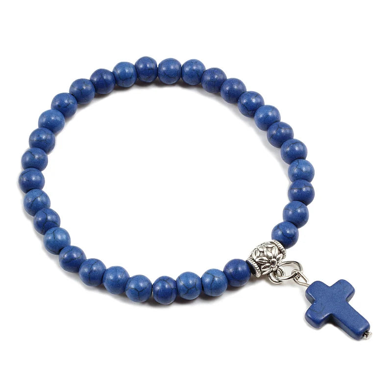 Prayer Bracelet 6MM Onyx Natural Stone Beads Religion Jesus Cross Pedant Bracelets Bangles for Men Women Yoga Friendship Jewelry  (GoldenCity)
