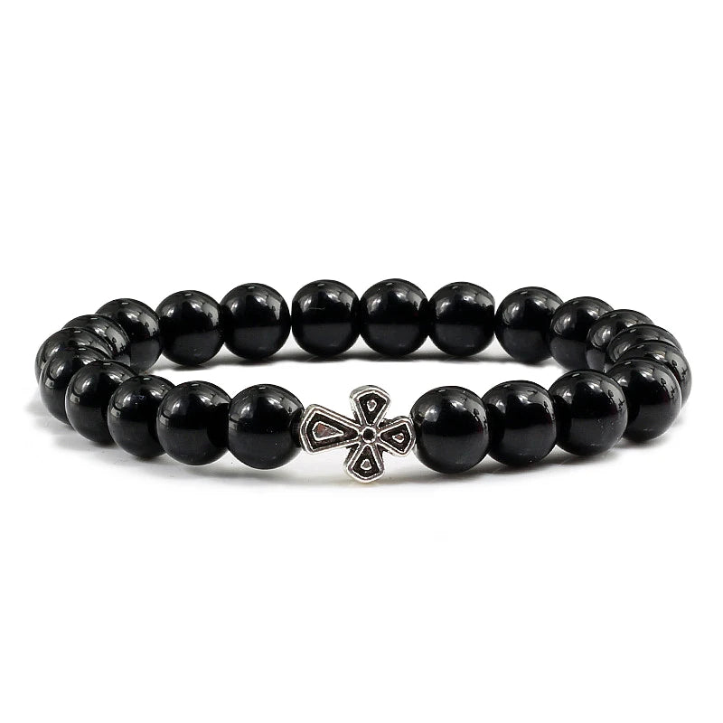 New Natural Stone Lava Beaded Bracelet for Men Women Alloy Christian Jesus Cross Bracelets Bangles Yoga Prayer Fashion Jewelry  (GoldenCity)