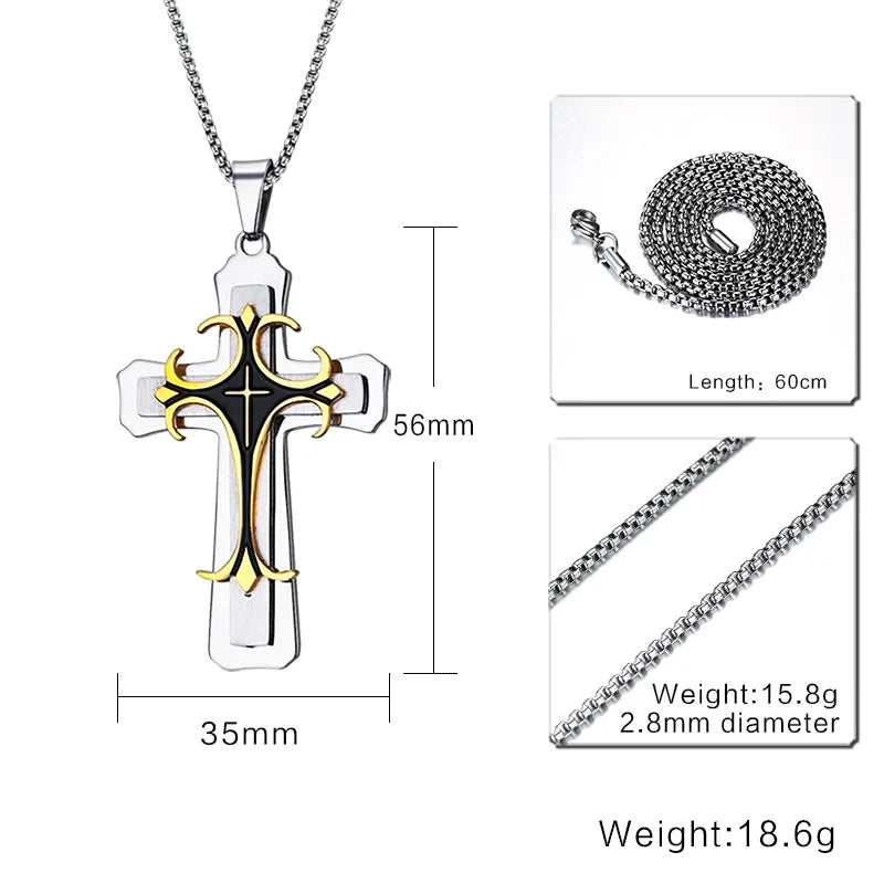 Men's Stainless Steel Cross Pendant Necklace 24" Chain Religion Jewelry  (GoldenCity)