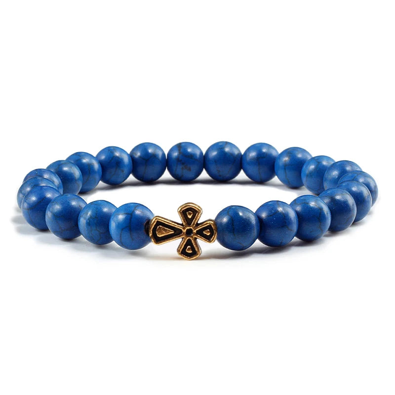 New Natural Stone Lava Beaded Bracelet for Men Women Alloy Christian Jesus Cross Bracelets Bangles Yoga Prayer Fashion Jewelry  (GoldenCity)
