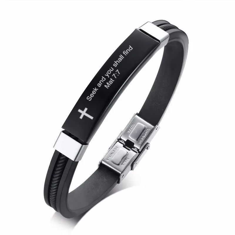 Cross Bible Verse Quotes Bracelets for Men Soft Silicone Bangle Comfort Wear Male Jesus Christ Faith Prayer Pulseira  (GoldenCity)