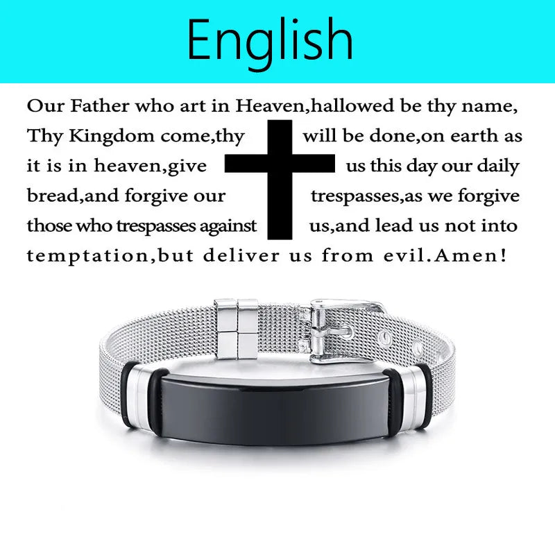 Laser Christian Lord's Prayer Cross Bracelet Men Russian Spanish Hebrew Personalized Gift  (GoldenCity)