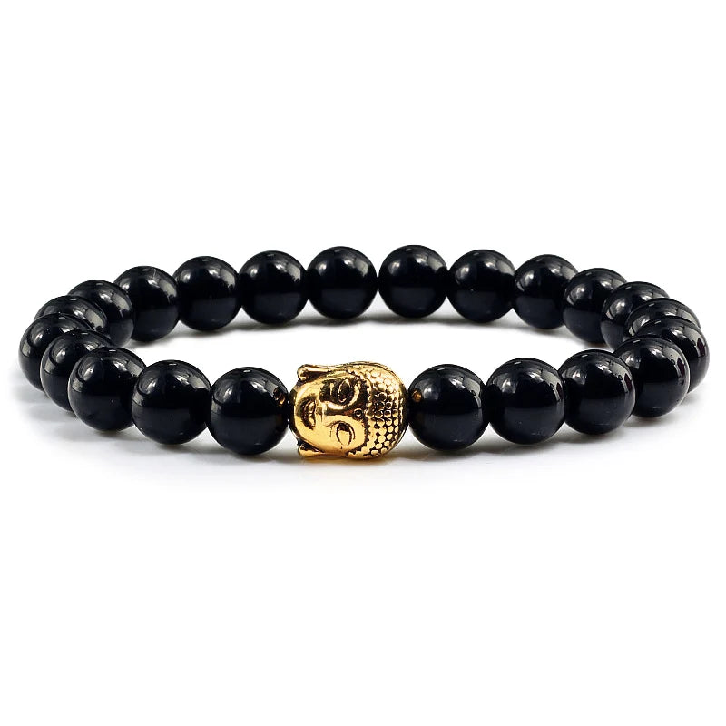 Healing  Buddha Head Prayer Volcanic Lava Natural Stone Strand Bead Bracelet For Men Black Beaded Yoga Women armband Jewelry  (GoldenCity)