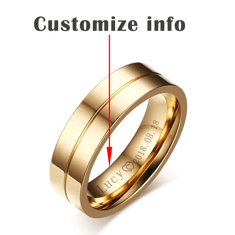 Trendy Wedding Bands Rings for Women / Men Love Gift Gold-color Stainless Steel CZ Promise Couple Jewelry  (GoldenCity)