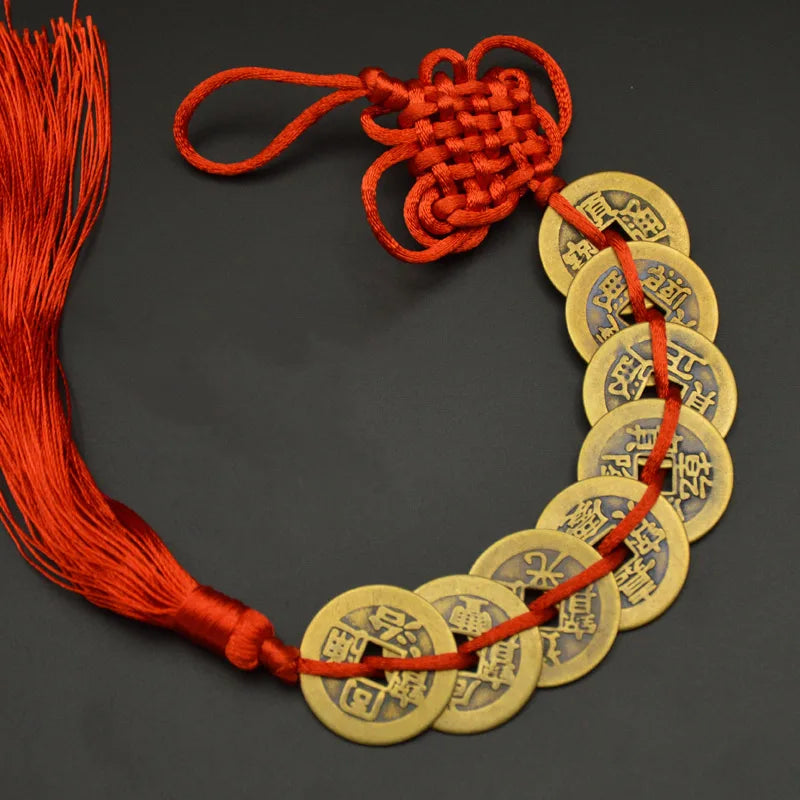 Red Yellow Chinese Knot Feng Shui Money Wealth Success Copper Ancien Coins Lucky Charm Home Decoration Ten emperors Antique Fortune  (GoldenCity)