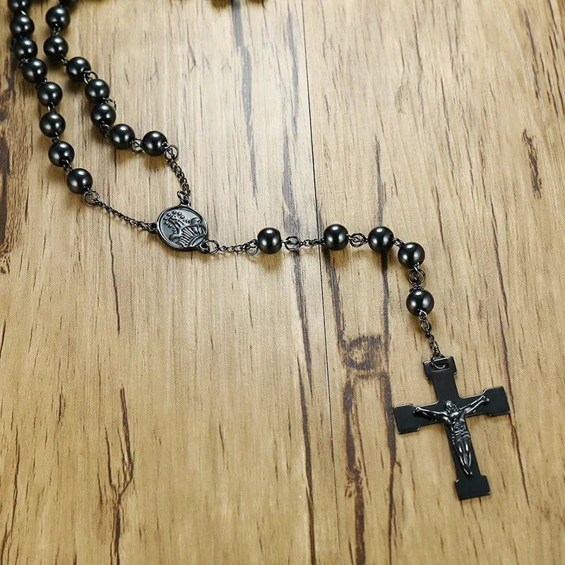 Mens Chain Bead Rosary Cross Necklace Stainless Steel Black Jesus Christ Charm Male Jewelry  (GoldenCity)