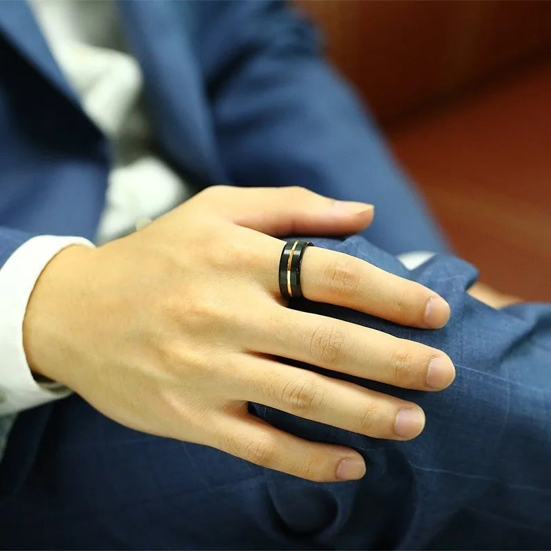 Mens Basic 8MM Wedding Bands Rings Matte Finished Stainless Steel with Thin Line anel masculino Gifts for Him  (GoldenCity)