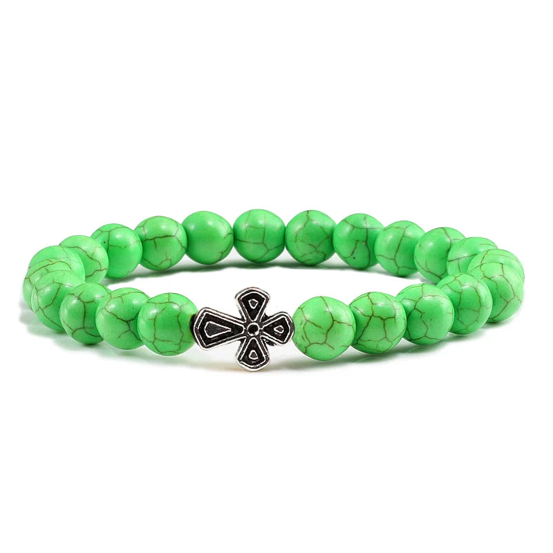 New Natural Stone Lava Beaded Bracelet for Men Women Alloy Christian Jesus Cross Bracelets Bangles Yoga Prayer Fashion Jewelry  (GoldenCity)