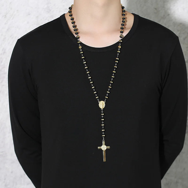 Black Gold Color Beads Long Rosary Necklace for Women Men Stainless Steel St Benedict Cross Pendant Sweater Chain Unisex  (GoldenCity)