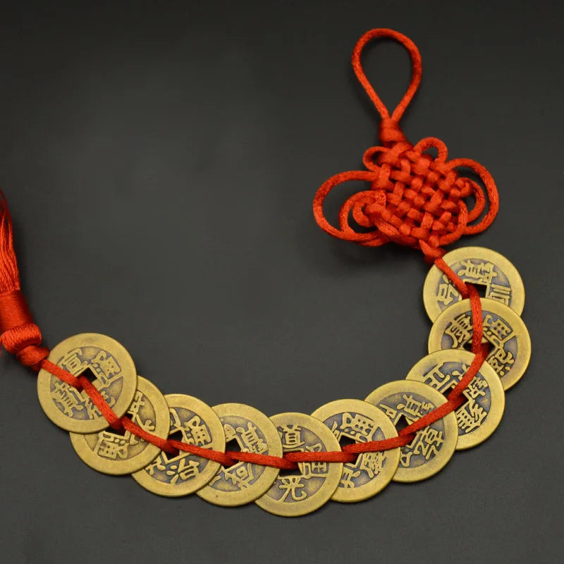 Red Yellow Chinese Knot Feng Shui Money Wealth Success Copper Ancien Coins Lucky Charm Home Decoration Ten emperors Antique Fortune  (GoldenCity)