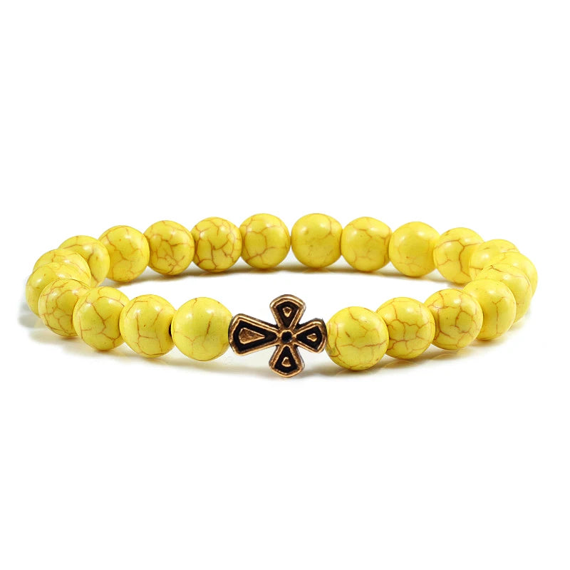 New Natural Stone Lava Beaded Bracelet for Men Women Alloy Christian Jesus Cross Bracelets Bangles Yoga Prayer Fashion Jewelry  (GoldenCity)