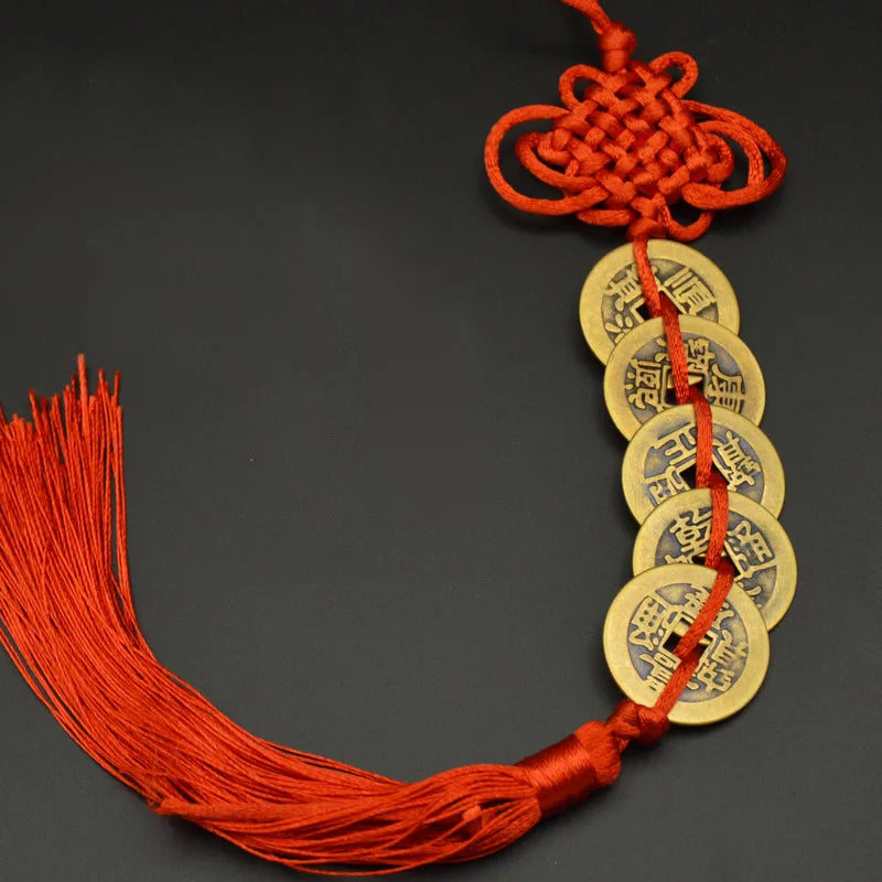 Red Yellow Chinese Knot Feng Shui Money Wealth Success Copper Ancien Coins Lucky Charm Home Decoration Ten emperors Antique Fortune  (GoldenCity)