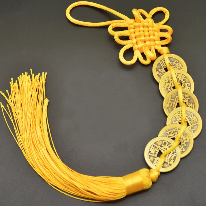 Red Yellow Chinese Knot Feng Shui Money Wealth Success Copper Ancien Coins Lucky Charm Home Decoration Ten emperors Antique Fortune  (GoldenCity)