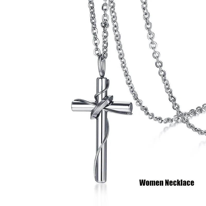 Stainless Steel Color Women's Men's Fashion "Lingering Love Cross"Couple Pendant Necklace  (GoldenCity)