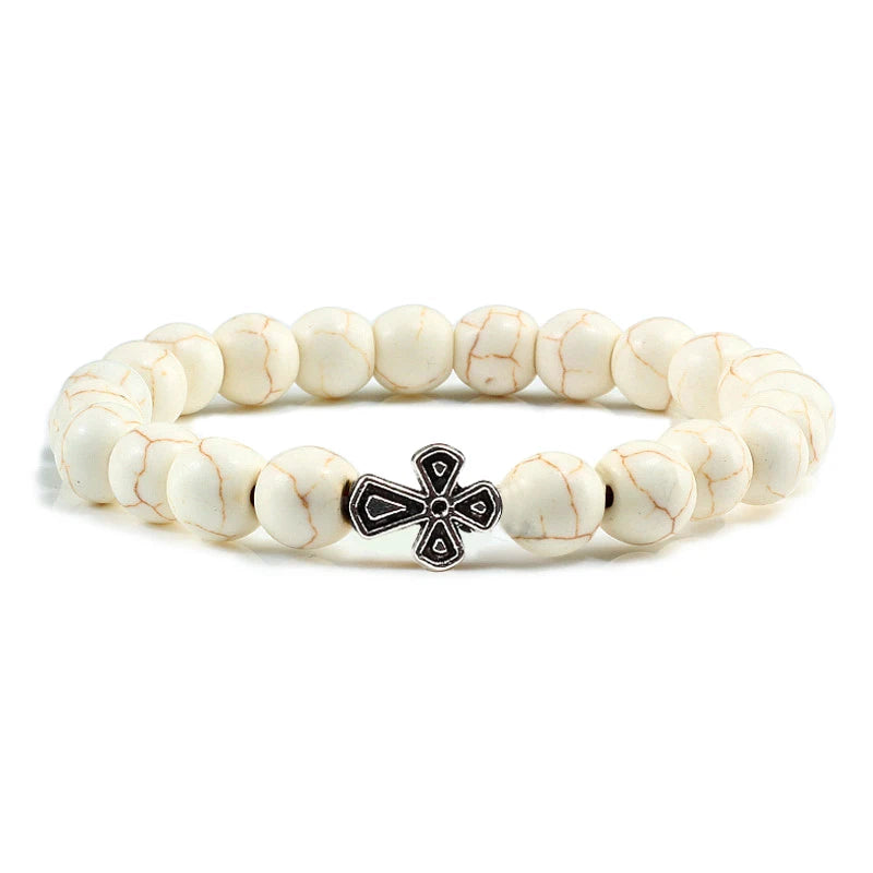 New Natural Stone Lava Beaded Bracelet for Men Women Alloy Christian Jesus Cross Bracelets Bangles Yoga Prayer Fashion Jewelry  (GoldenCity)