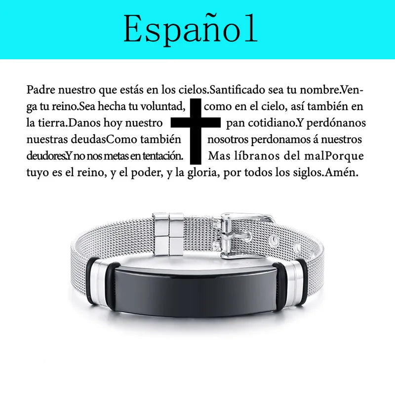 Laser Christian Lord's Prayer Cross Bracelet Men Russian Spanish Hebrew Personalized Gift  (GoldenCity)