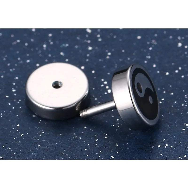 Chinese Yin and Yang Stud Earrings for Men Jewelry Stainless Steel Round Tai Chi brinco masculino  (GoldenCity)