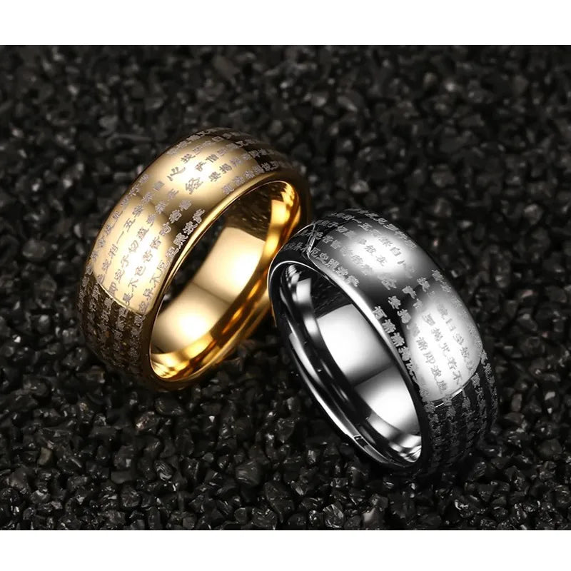 Engraved Chinese Buddhist Texts Tungsten Ring for Men Religions Lucky Jewelry Dropshipping  (GoldenCity)