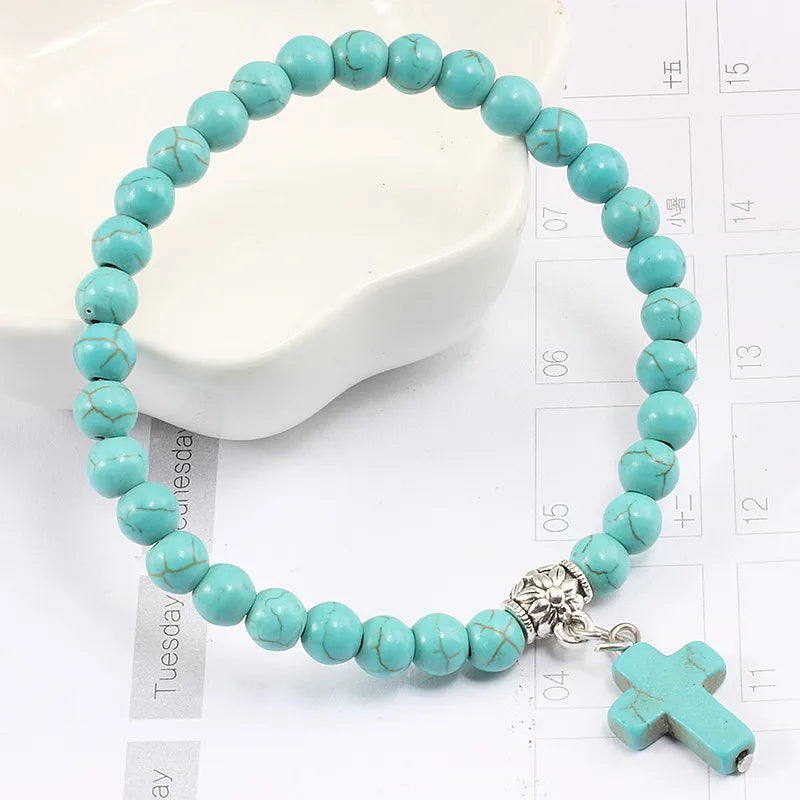Prayer Bracelet 6MM Onyx Natural Stone Beads Religion Jesus Cross Pedant Bracelets Bangles for Men Women Yoga Friendship Jewelry  (GoldenCity)