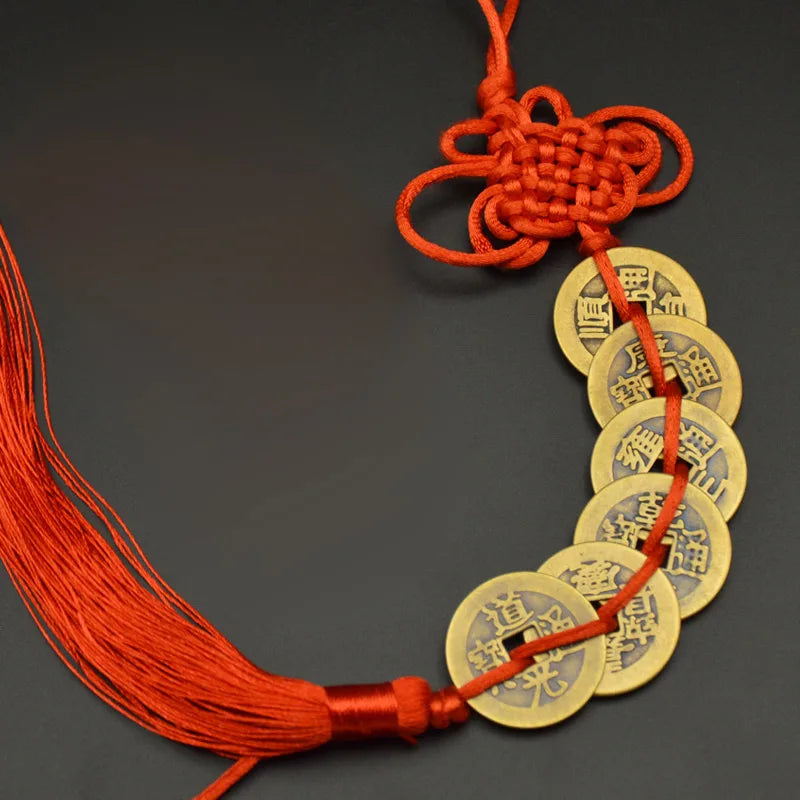 Red Yellow Chinese Knot Feng Shui Money Wealth Success Copper Ancien Coins Lucky Charm Home Decoration Ten emperors Antique Fortune  (GoldenCity)