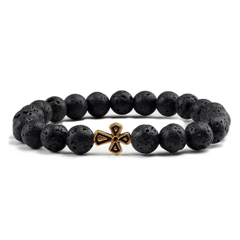 New Natural Stone Lava Beaded Bracelet for Men Women Alloy Christian Jesus Cross Bracelets Bangles Yoga Prayer Fashion Jewelry  (GoldenCity)