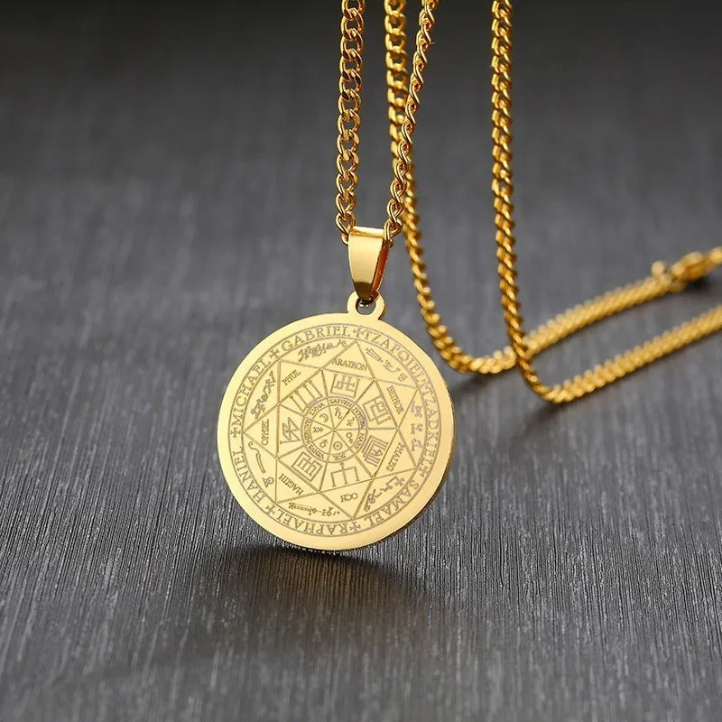 Mens The Seal of The Seven Archangels Necklace 3 Colors Stainless Steel Round Male Pendant Jewelry Free Chain 24"  (GoldenCity)