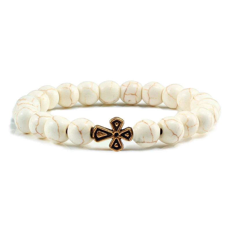 New Natural Stone Lava Beaded Bracelet for Men Women Alloy Christian Jesus Cross Bracelets Bangles Yoga Prayer Fashion Jewelry  (GoldenCity)