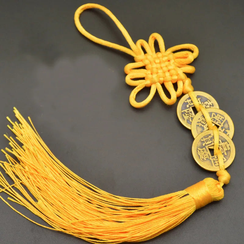 Red Yellow Chinese Knot Feng Shui Money Wealth Success Copper Ancien Coins Lucky Charm Home Decoration Ten emperors Antique Fortune  (GoldenCity)