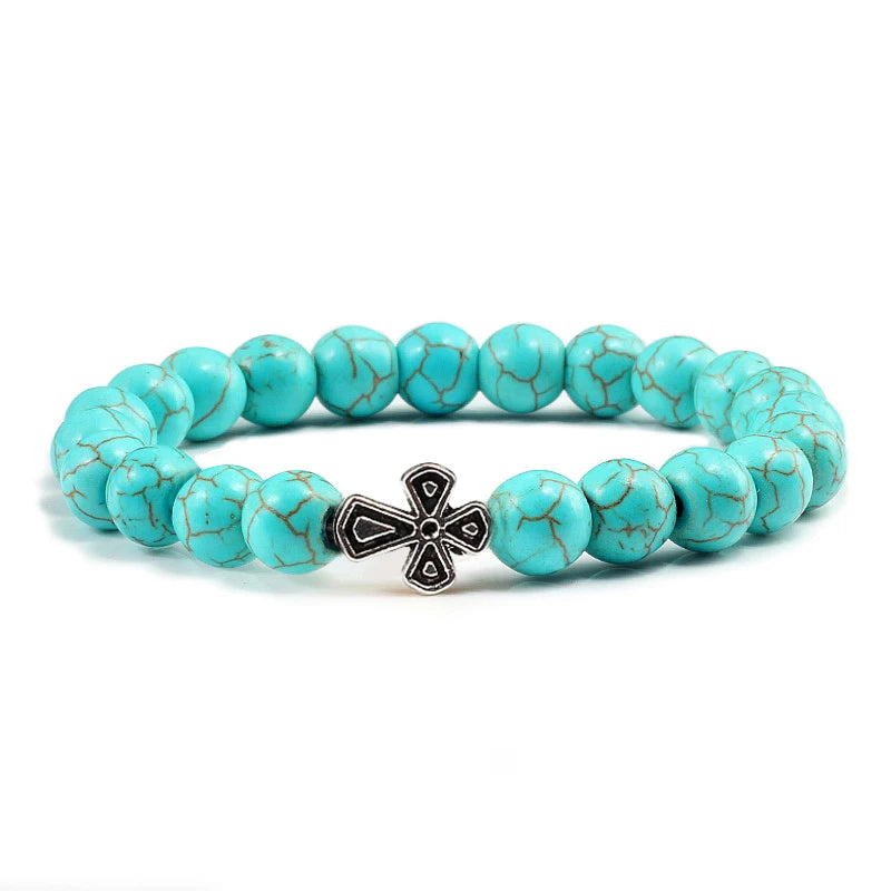 New Natural Stone Lava Beaded Bracelet for Men Women Alloy Christian Jesus Cross Bracelets Bangles Yoga Prayer Fashion Jewelry  (GoldenCity)