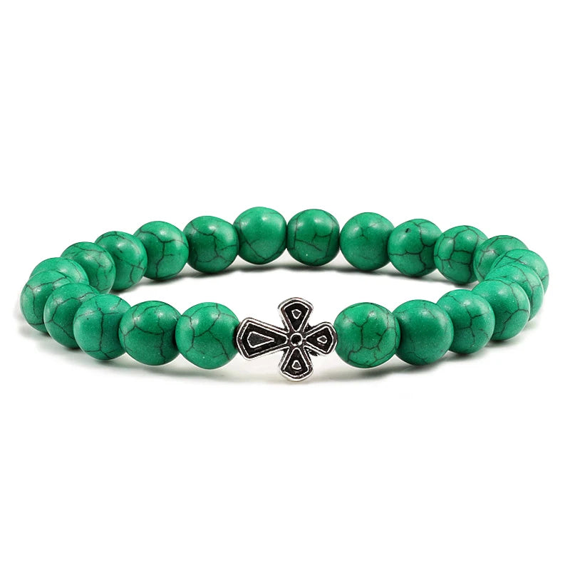 New Natural Stone Lava Beaded Bracelet for Men Women Alloy Christian Jesus Cross Bracelets Bangles Yoga Prayer Fashion Jewelry  (GoldenCity)