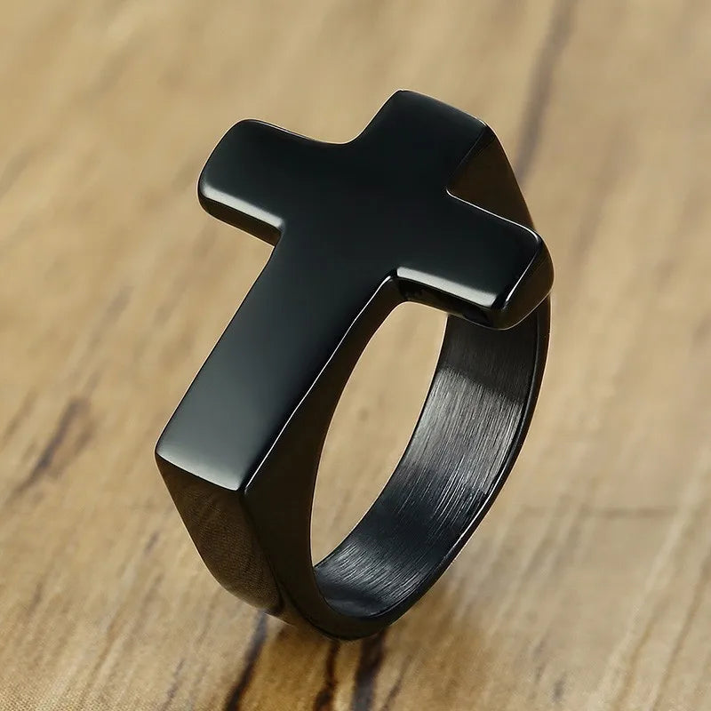 Unique Cross Flat Top Ring For Men Glossy Stainless Steel Christ Jesus Prayer Faith Anel Fraternal Rings  (GoldenCity)