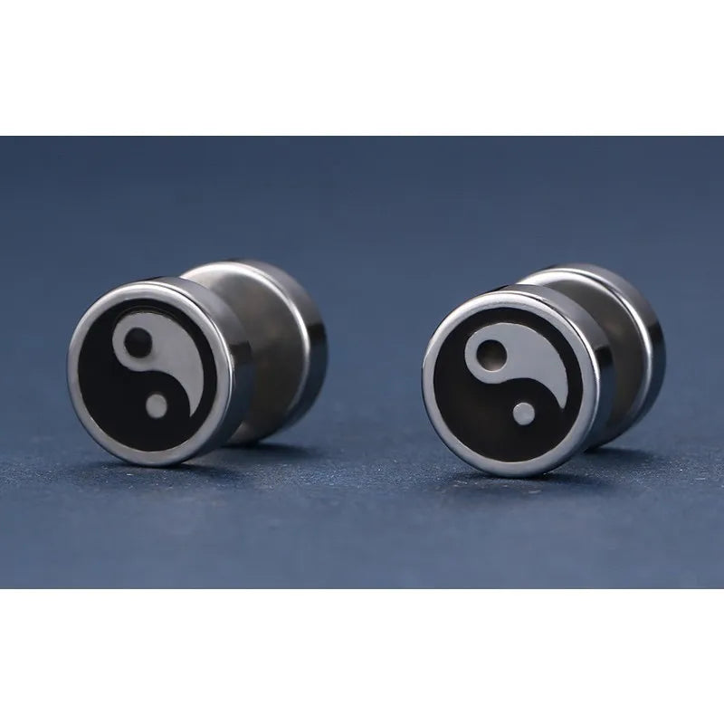 Chinese Yin and Yang Stud Earrings for Men Jewelry Stainless Steel Round Tai Chi brinco masculino  (GoldenCity)