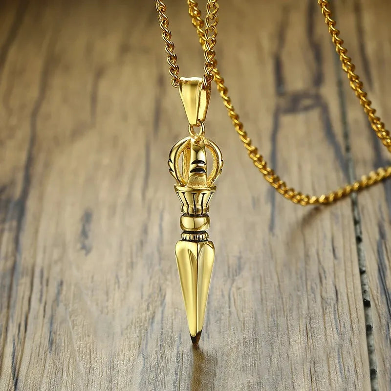 Demon-feeling Pestle Pendant for Men Stainless Steel Chinese Tibetan Vajra-pestle Amulet Necklace Lucky Jewelry Collier  (GoldenCity)