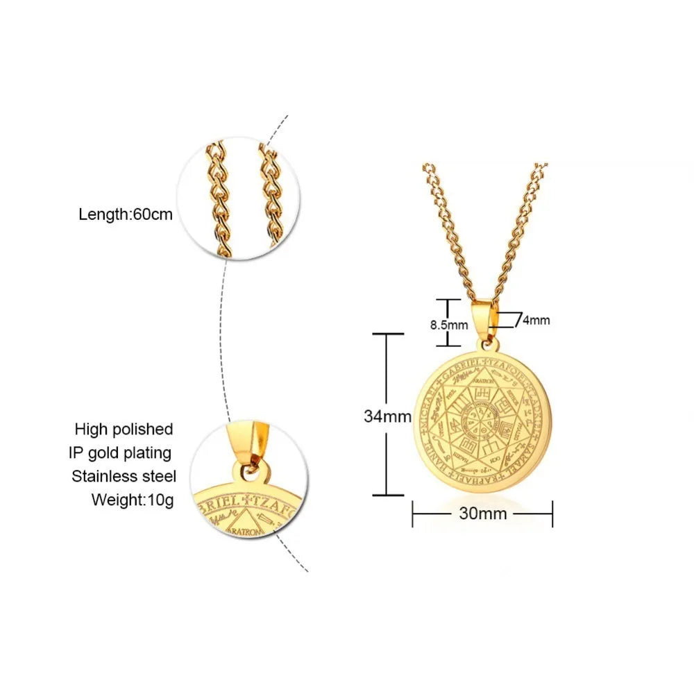 Mens The Seal of The Seven Archangels Necklace 3 Colors Stainless Steel Round Male Pendant Jewelry Free Chain 24"  (GoldenCity)